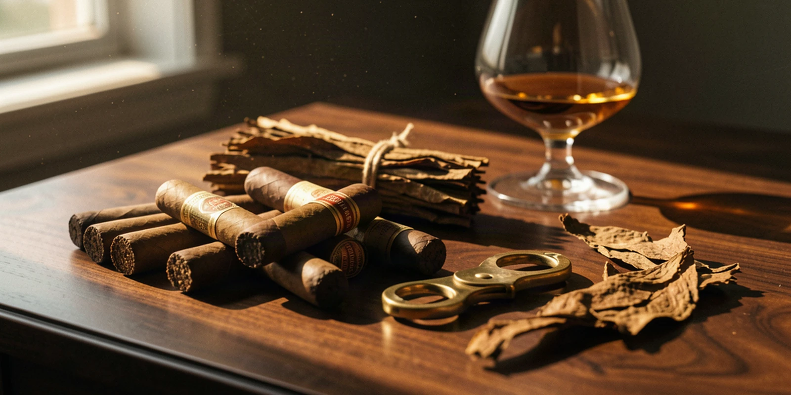 Cigares posés sur une table de bois sombre, feuilles de tabac séchant en arrière-plan, éclairés en clair-obscur chaleureux