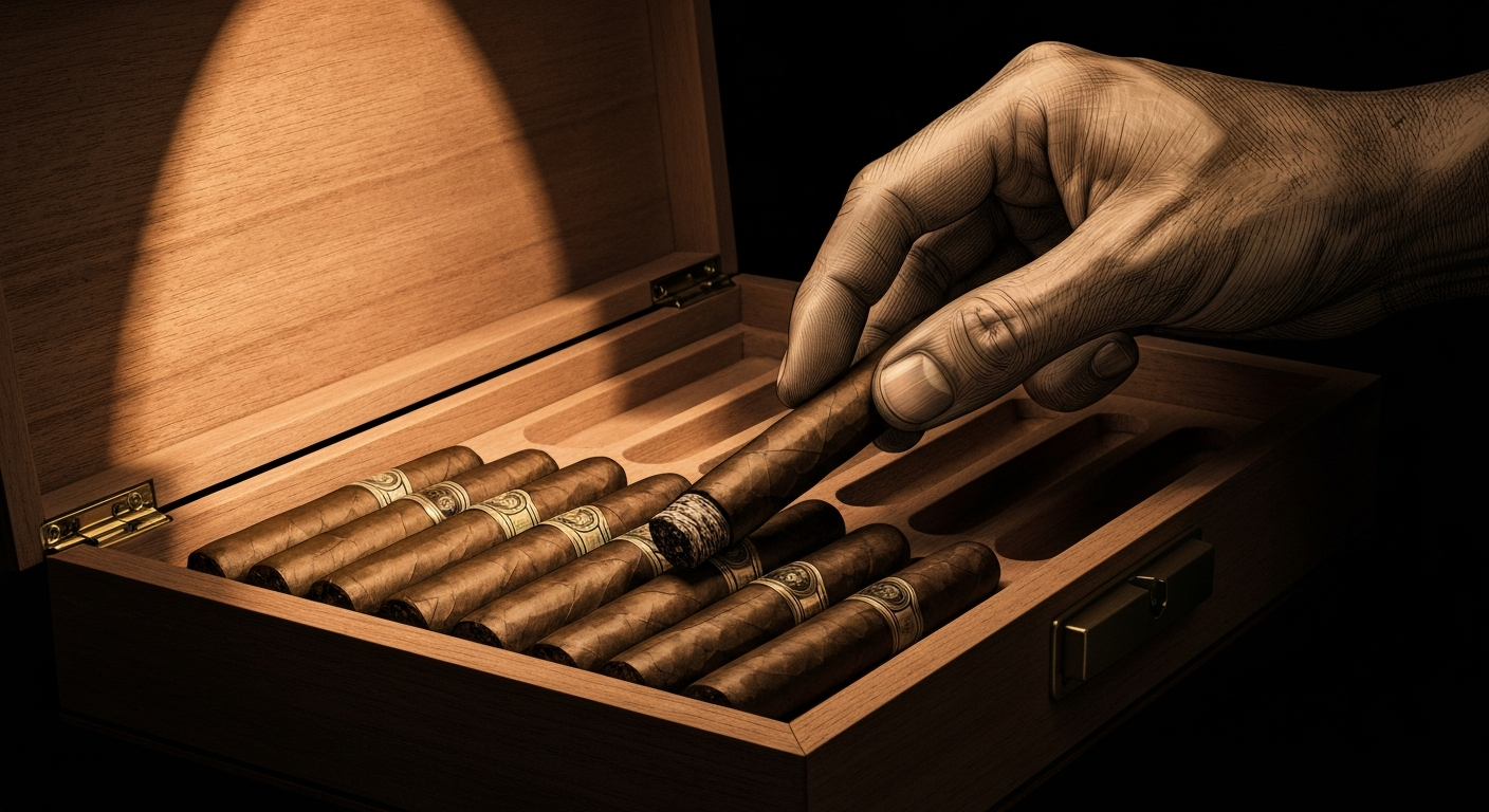 Planche gravée : main choisissant un cigare dans une cave