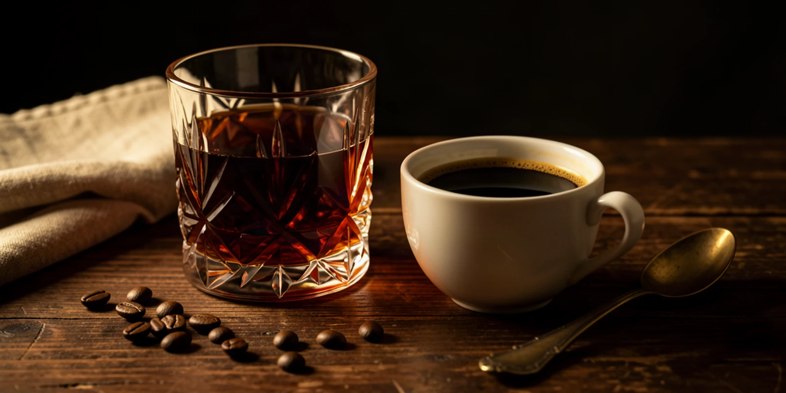 Verre de rhum ambré et tasse de café noir sur une table de chêne sombre, éclairés en clair-obscur chaleureux