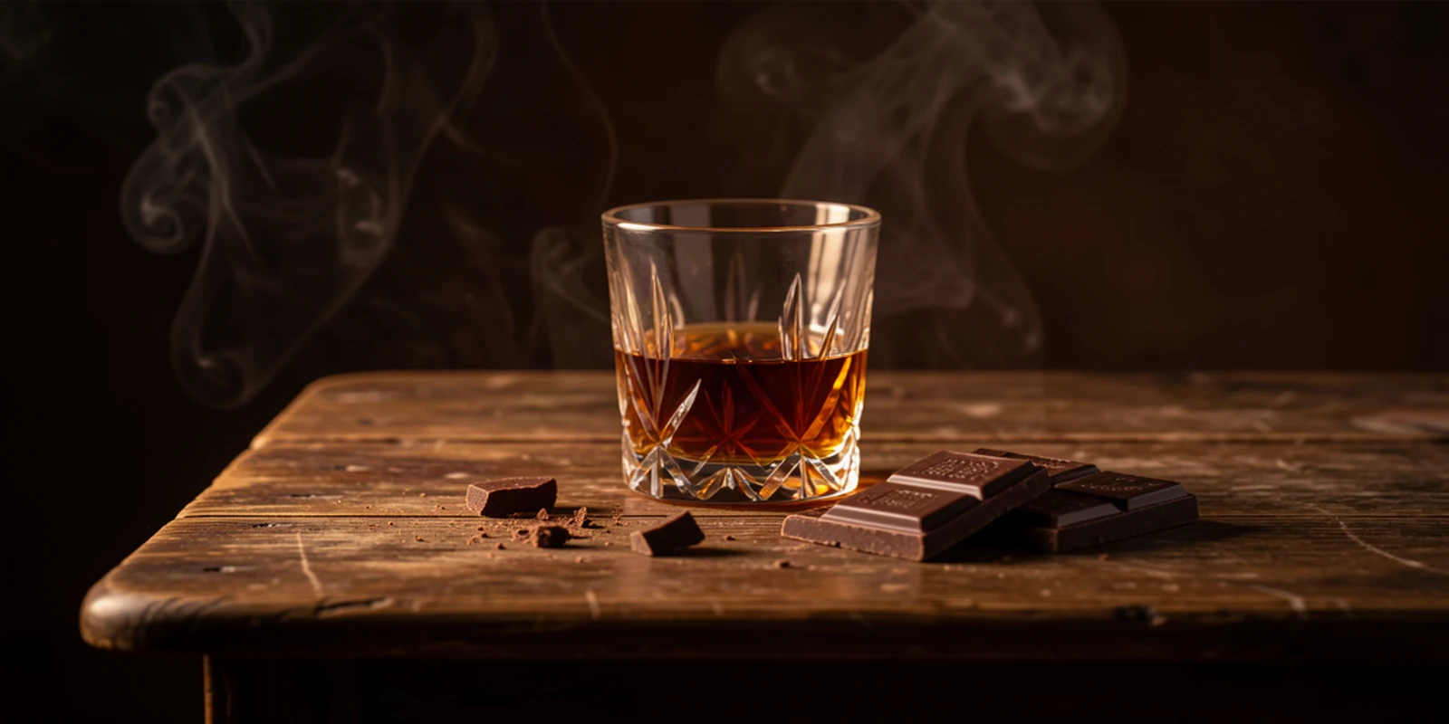 Verre de whisky ambré et carrés de chocolat noir sur une table de chêne, éclairés en clair-obscur chaleureux