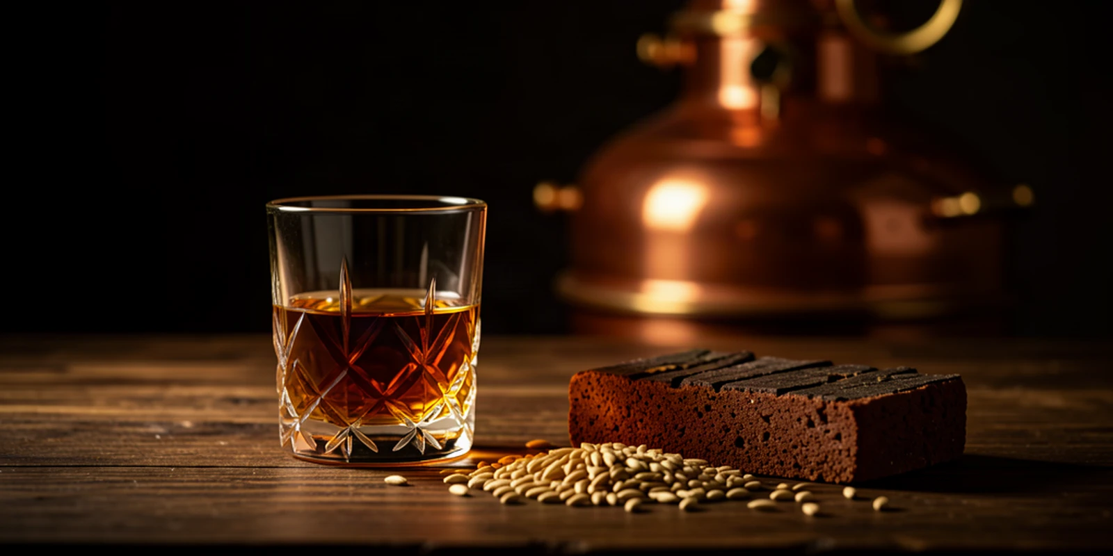Verre de whisky écossais ambré éclairé en clair-obscur, tourbe et orge sur une table de chêne