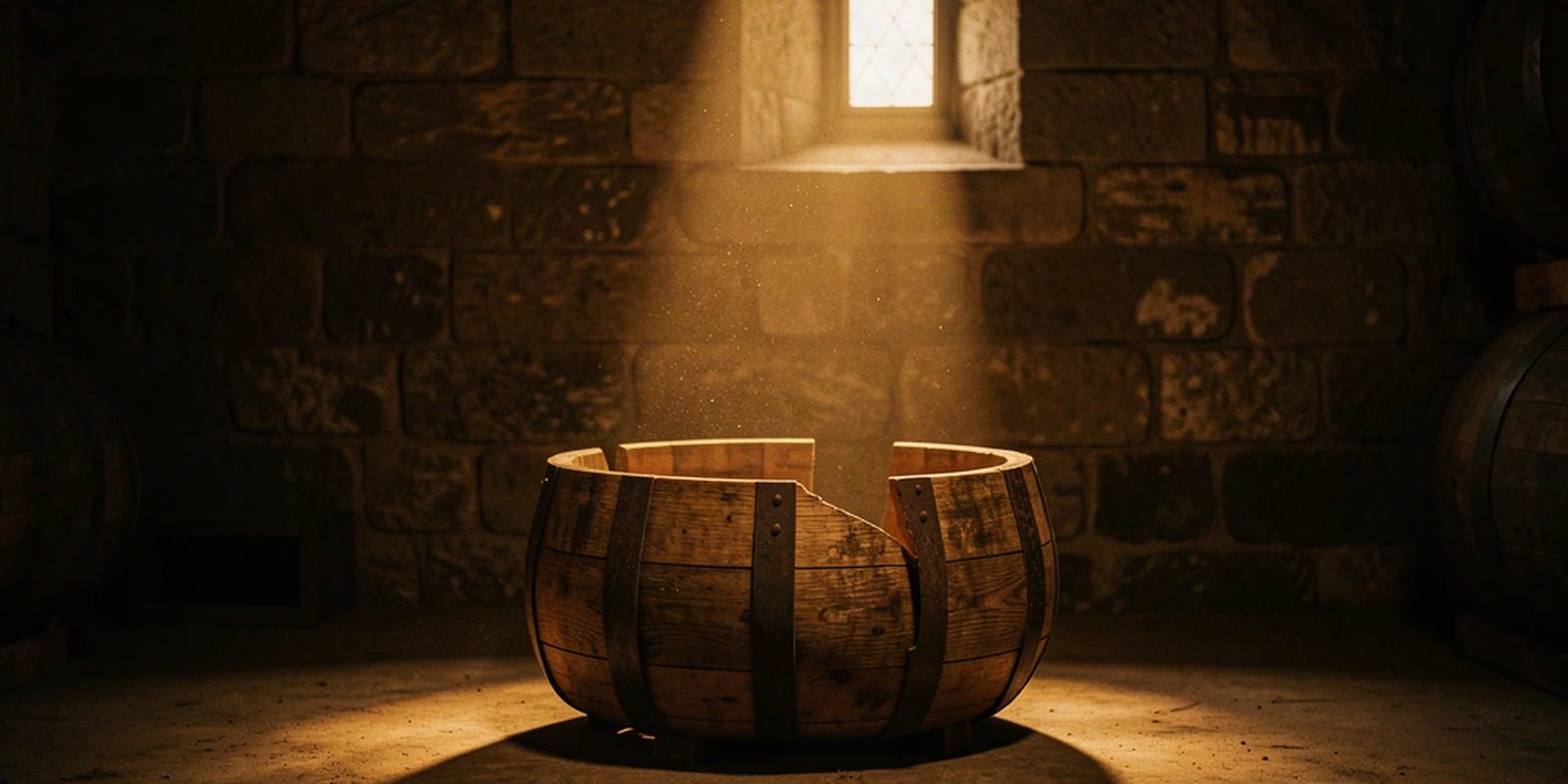 Barrique de chêne ouverte dans un chai sombre, douelles et cercles de métal éclairés en clair-obscur